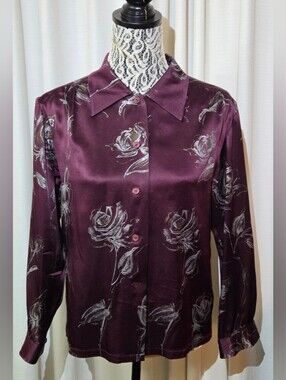 Vintage Pure Silk Deep Wine Floral Painted Style Button Up Shirt